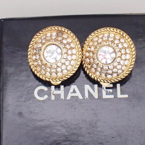 CHANEL Logo Rhinestone Round Button Earrings Clip-On Gold-Plated France - Picture 1 of 9